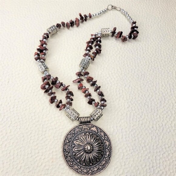 Brown Shell and Tubular Silver Tone Bead Necklace with Large Round Pendant - Picture 4 of 8